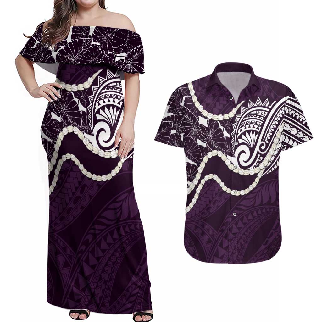 Aloha Hawaii Kalo Pikake Lei Couples Matching Off Shoulder Maxi Dress and Hawaiian Shirt Chest Tattoo Purple Hawaiian Pattern