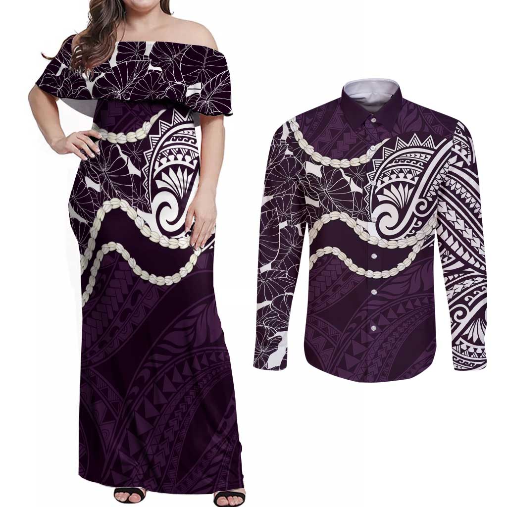 Aloha Hawaii Kalo Pikake Lei Couples Matching Off Shoulder Maxi Dress and Long Sleeve Button Shirt Chest Tattoo Purple Hawaiian Pattern