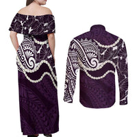 Aloha Hawaii Kalo Pikake Lei Couples Matching Off Shoulder Maxi Dress and Long Sleeve Button Shirt Chest Tattoo Purple Hawaiian Pattern