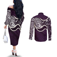 Aloha Hawaii Kalo Pikake Lei Couples Matching Off The Shoulder Long Sleeve Dress and Long Sleeve Button Shirt Chest Tattoo Purple Hawaiian Pattern