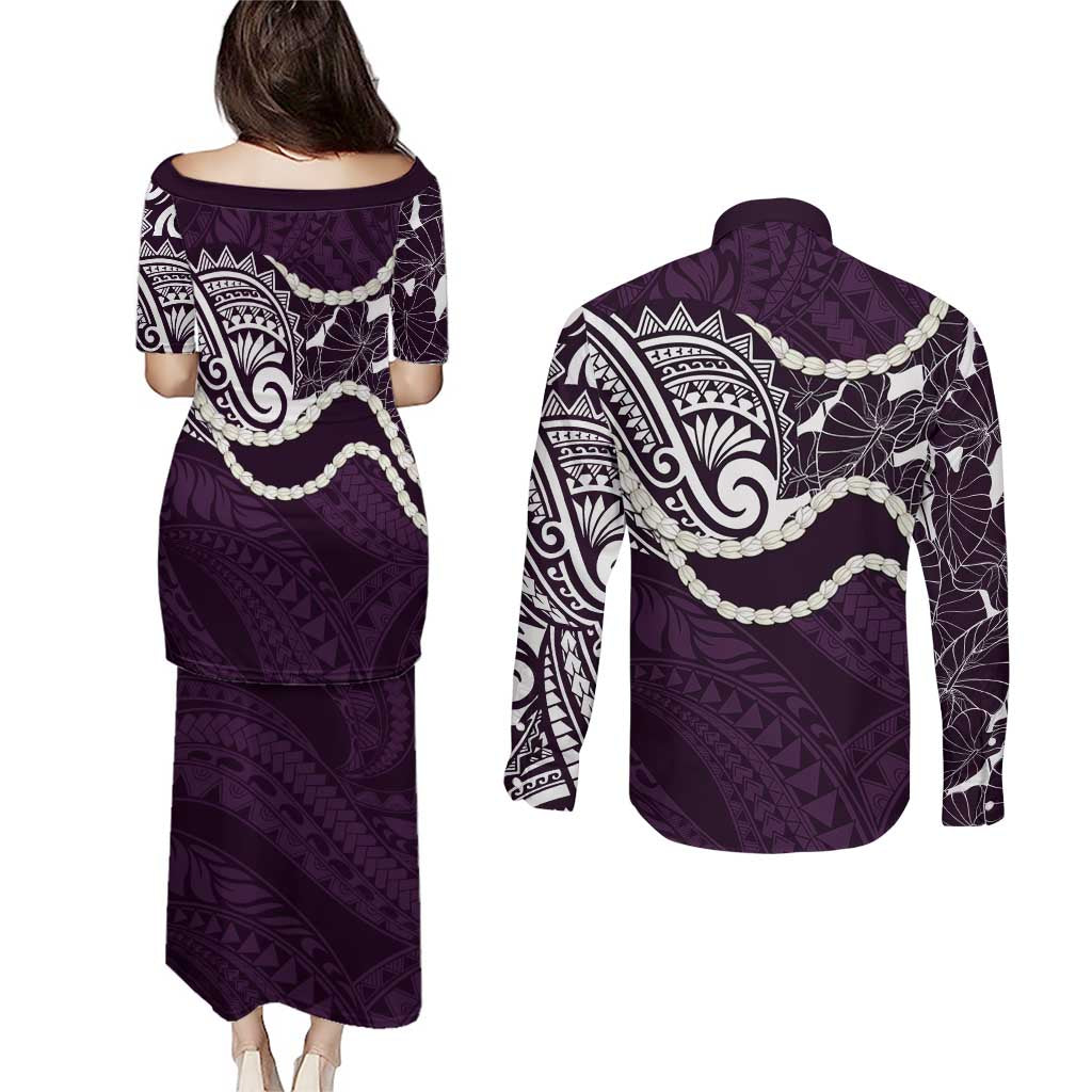 Aloha Hawaii Kalo Pikake Lei Couples Matching Puletasi and Long Sleeve Button Shirt Chest Tattoo Purple Hawaiian Pattern