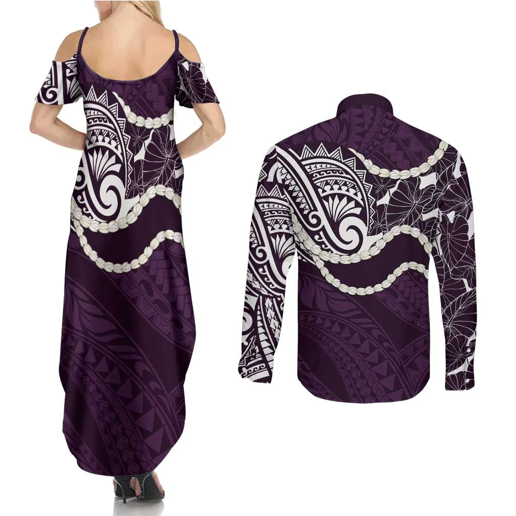 Aloha Hawaii Kalo Pikake Lei Couples Matching Summer Maxi Dress and Long Sleeve Button Shirt Chest Tattoo Purple Hawaiian Pattern