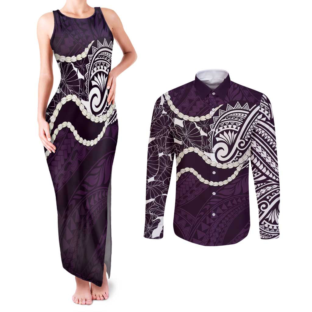 Aloha Hawaii Kalo Pikake Lei Couples Matching Tank Maxi Dress and Long Sleeve Button Shirt Chest Tattoo Purple Hawaiian Pattern