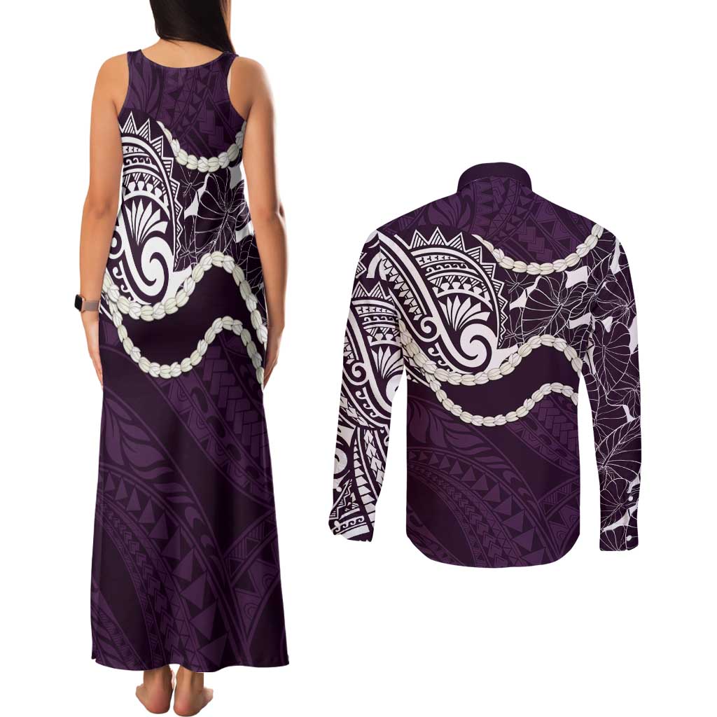 Aloha Hawaii Kalo Pikake Lei Couples Matching Tank Maxi Dress and Long Sleeve Button Shirt Chest Tattoo Purple Hawaiian Pattern