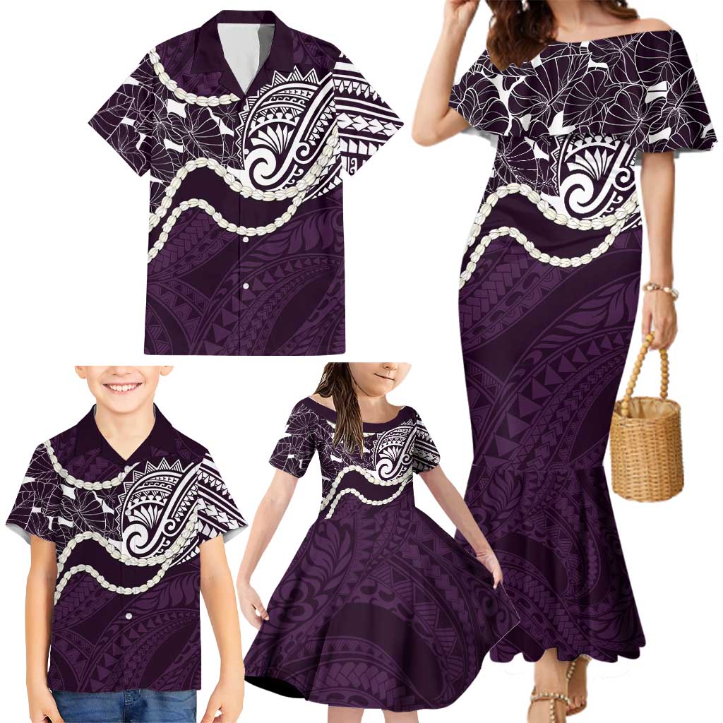 Aloha Hawaii Kalo Pikake Lei Family Matching Mermaid Dress and Hawaiian Shirt Chest Tattoo Purple Hawaiian Pattern