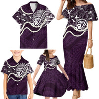 Aloha Hawaii Kalo Pikake Lei Family Matching Mermaid Dress and Hawaiian Shirt Chest Tattoo Purple Hawaiian Pattern