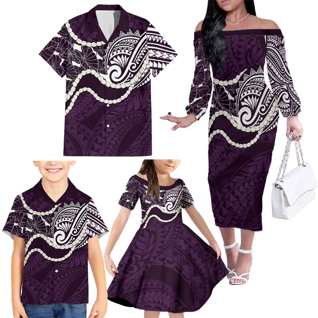 Aloha Hawaii Kalo Pikake Lei Family Matching Off The Shoulder Long Sleeve Dress and Hawaiian Shirt Chest Tattoo Purple Hawaiian Pattern