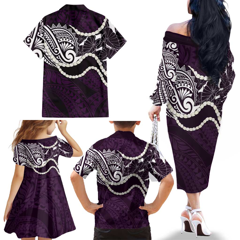 Aloha Hawaii Kalo Pikake Lei Family Matching Off The Shoulder Long Sleeve Dress and Hawaiian Shirt Chest Tattoo Purple Hawaiian Pattern