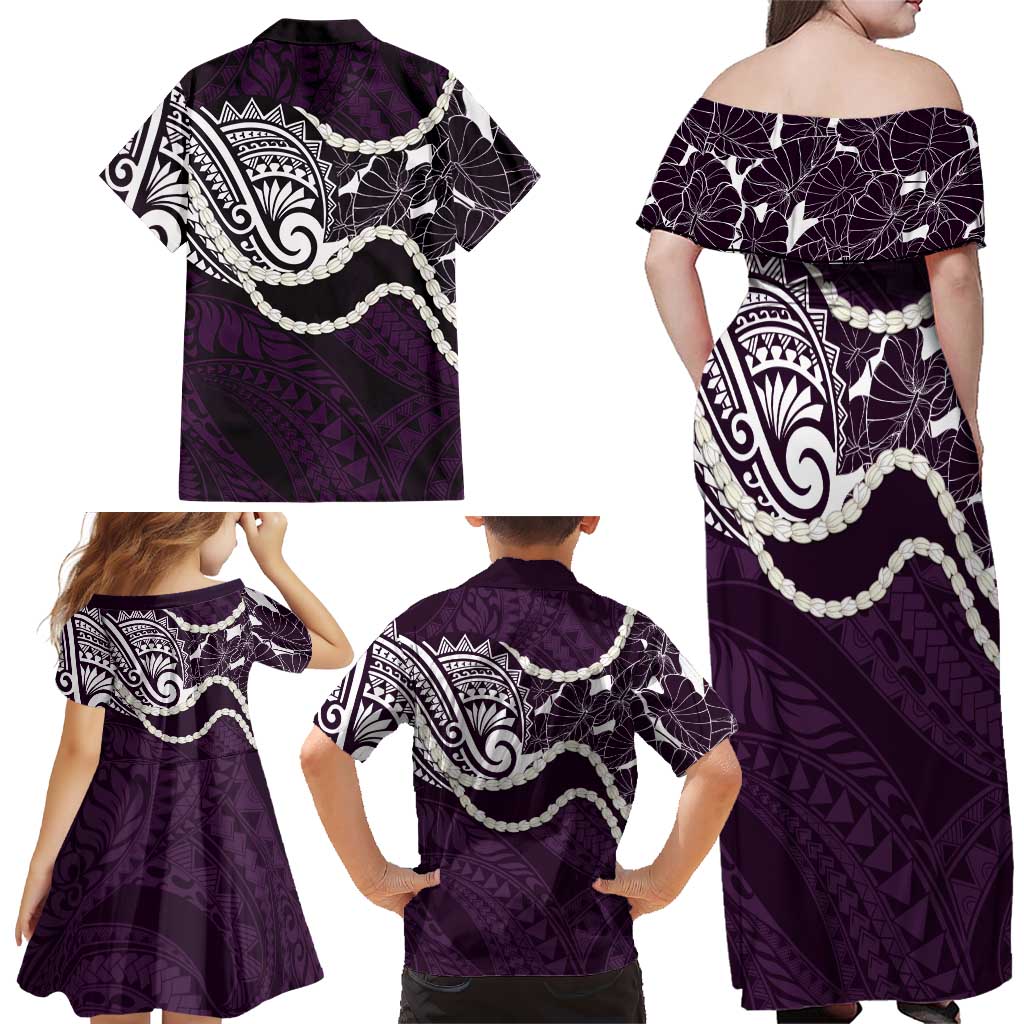 Aloha Hawaii Kalo Pikake Lei Family Matching Off Shoulder Maxi Dress and Hawaiian Shirt Chest Tattoo Purple Hawaiian Pattern