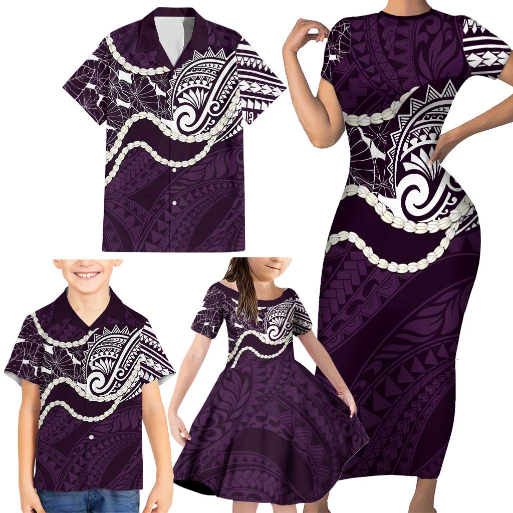 Aloha Hawaii Kalo Pikake Lei Family Matching Short Sleeve Bodycon Dress and Hawaiian Shirt Chest Tattoo Purple Hawaiian Pattern