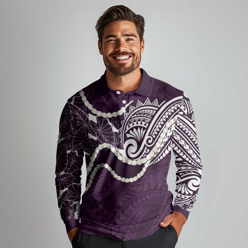 Aloha Hawaii Kalo Pikake Lei Long Sleeve Polo Shirt Chest Tattoo Purple Hawaiian Pattern