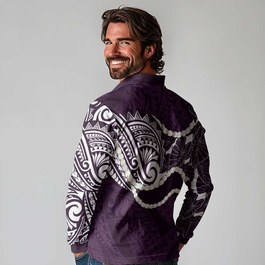 Aloha Hawaii Kalo Pikake Lei Long Sleeve Polo Shirt Chest Tattoo Purple Hawaiian Pattern