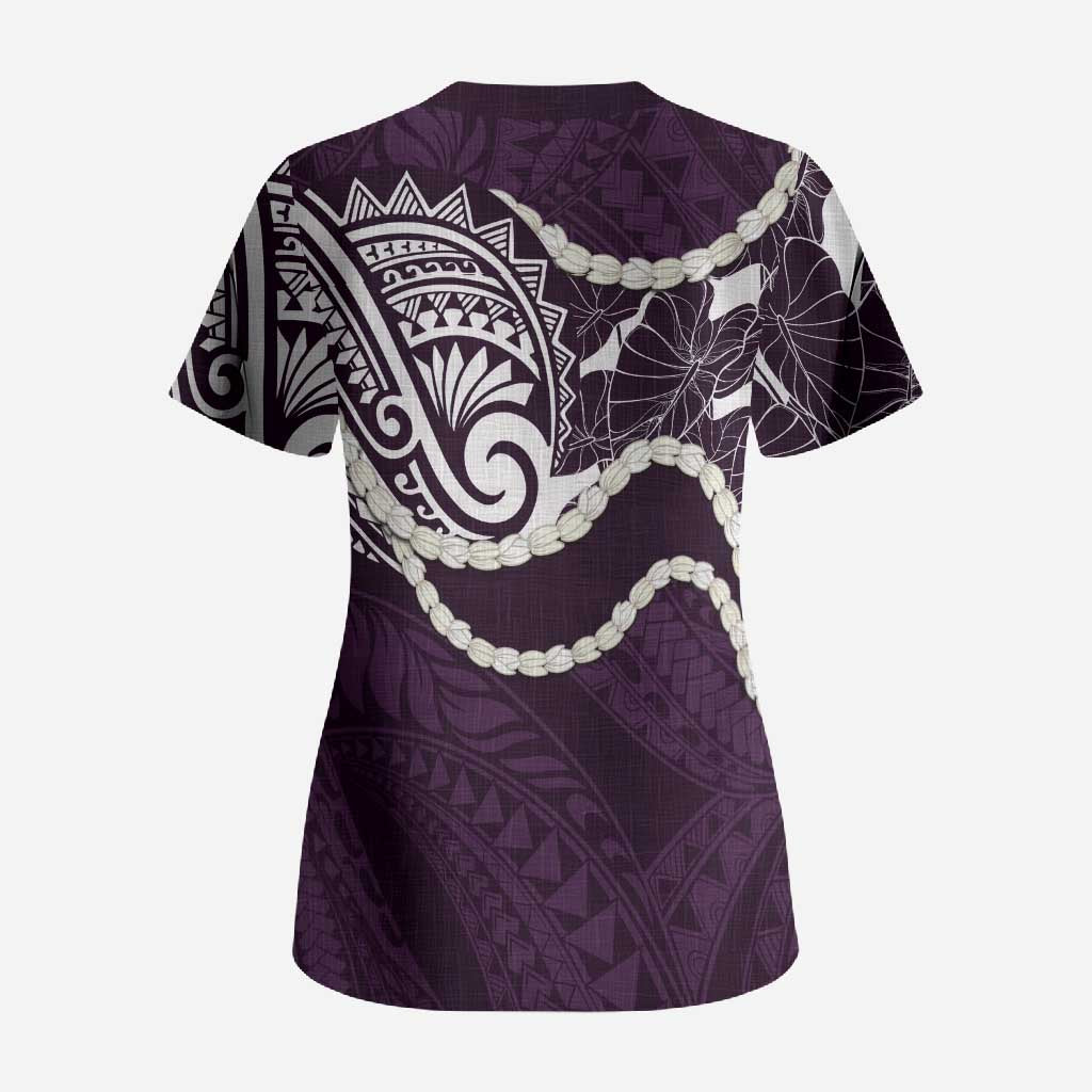 Aloha Hawaii Kalo Pikake Lei Scrub Top Chest Tattoo Purple Hawaiian Pattern LT14 - Polynesian Pride
