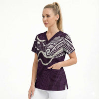 Aloha Hawaii Kalo Pikake Lei Scrub Top Chest Tattoo Purple Hawaiian Pattern LT14 - Polynesian Pride