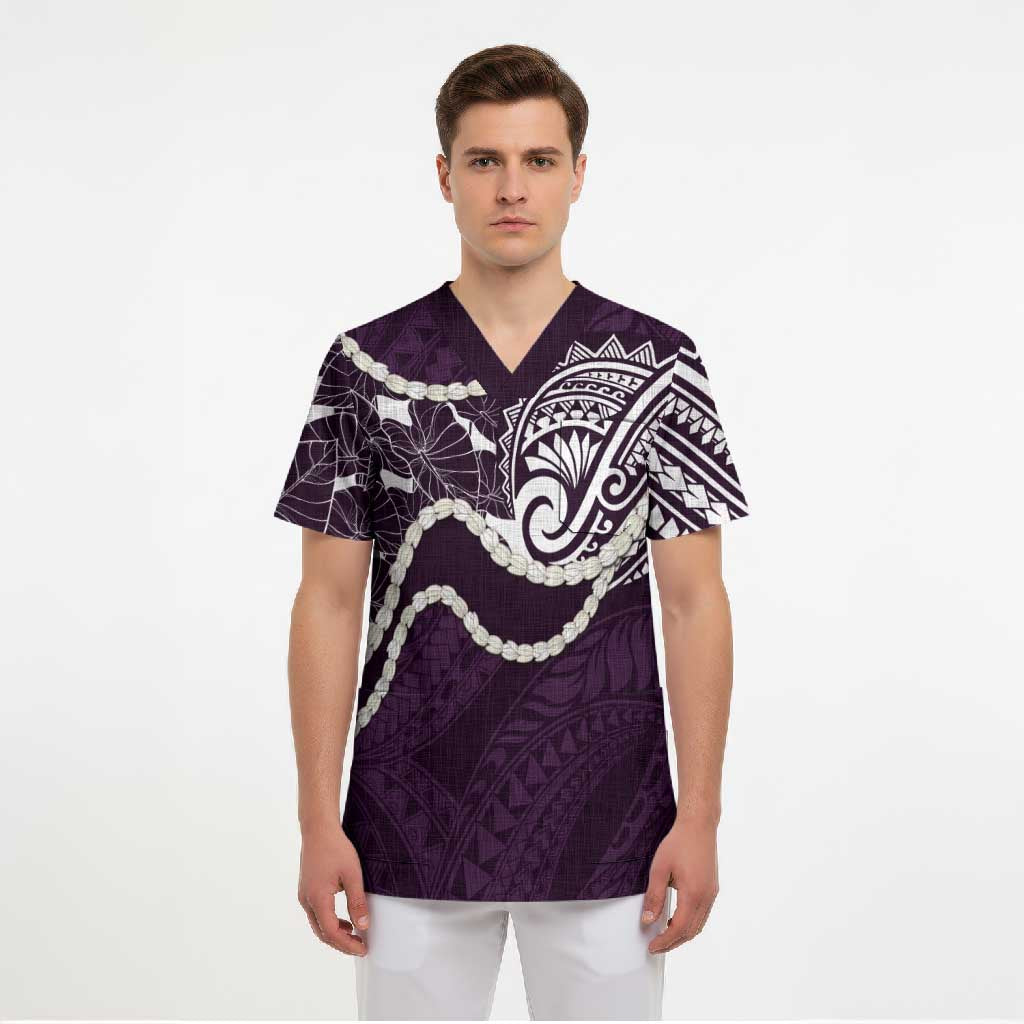 Aloha Hawaii Kalo Pikake Lei Scrub Top Chest Tattoo Purple Hawaiian Pattern LT14 - Polynesian Pride