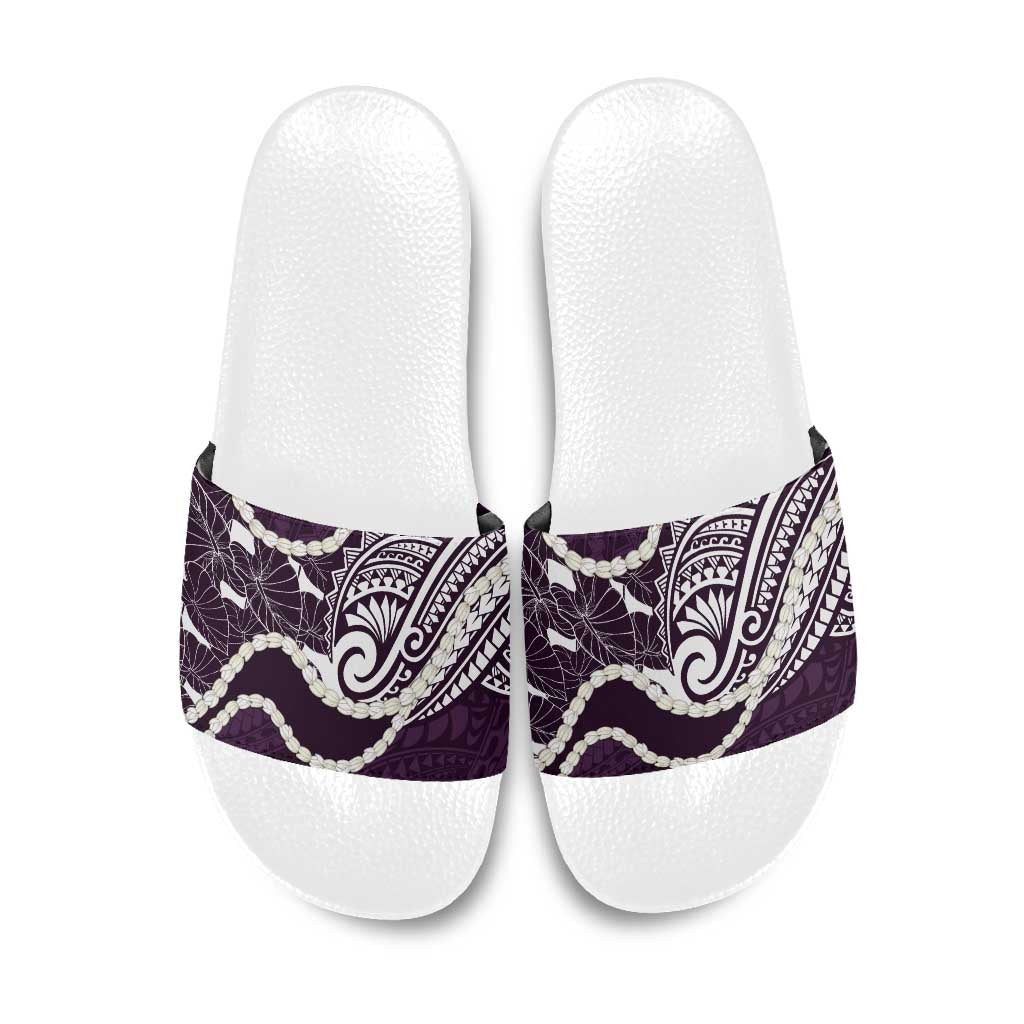 Aloha Hawaii Kalo Pikake Lei Slide Sandals Chest Tattoo Purple Hawaiian Pattern