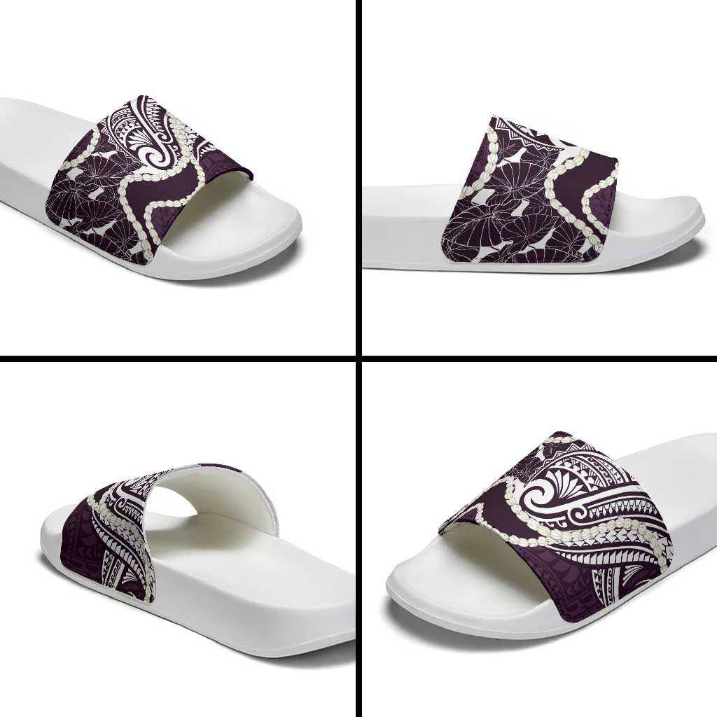 Aloha Hawaii Kalo Pikake Lei Slide Sandals Chest Tattoo Purple Hawaiian Pattern
