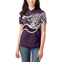 Aloha Hawaii Kalo Pikake Lei Women Polo Shirt Chest Tattoo Purple Hawaiian Pattern