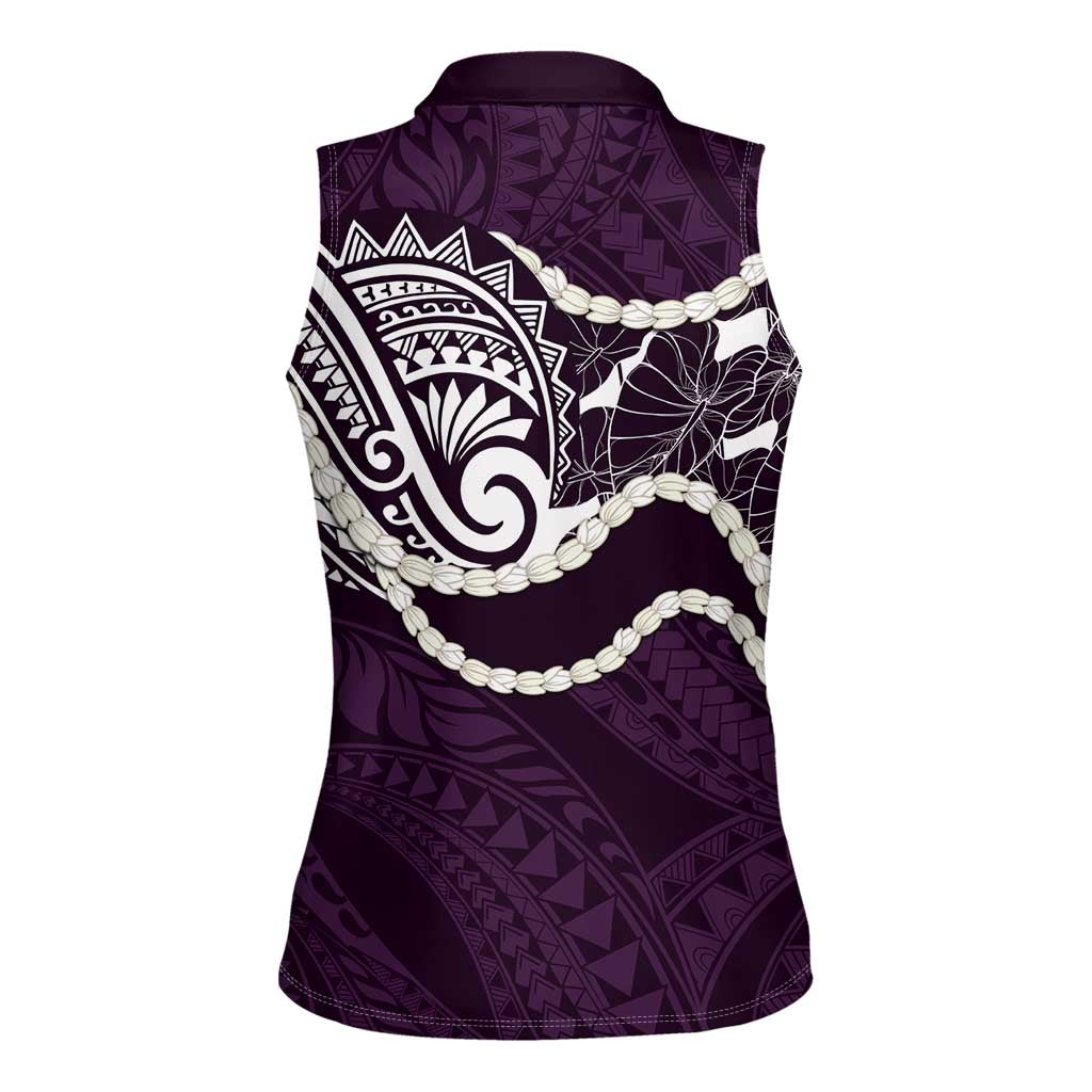 Aloha Hawaii Kalo Pikake Lei Women Sleeveless Polo Shirt Chest Tattoo Purple Hawaiian Pattern