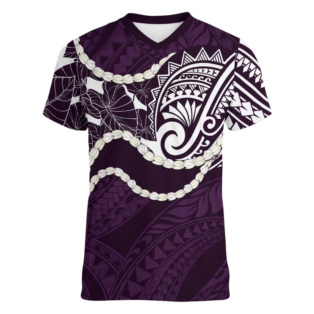 Aloha Hawaii Kalo Pikake Lei Women V-Neck T-Shirt Chest Tattoo Purple Hawaiian Pattern