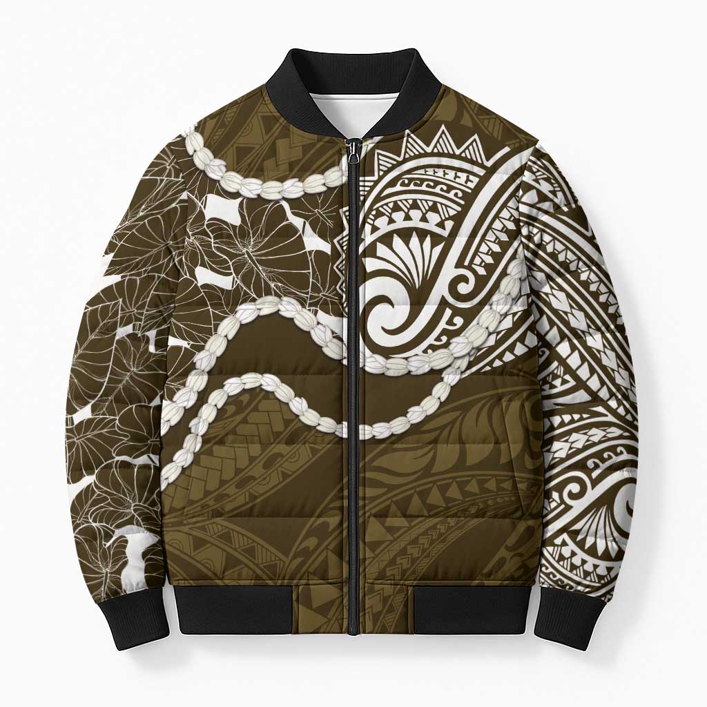 Aloha Hawaii Kalo Pikake Lei Bomber Puffer Jacket Chest Tattoo Gold Hawaiian Pattern LT14 Unisex Gold - Polynesian Pride