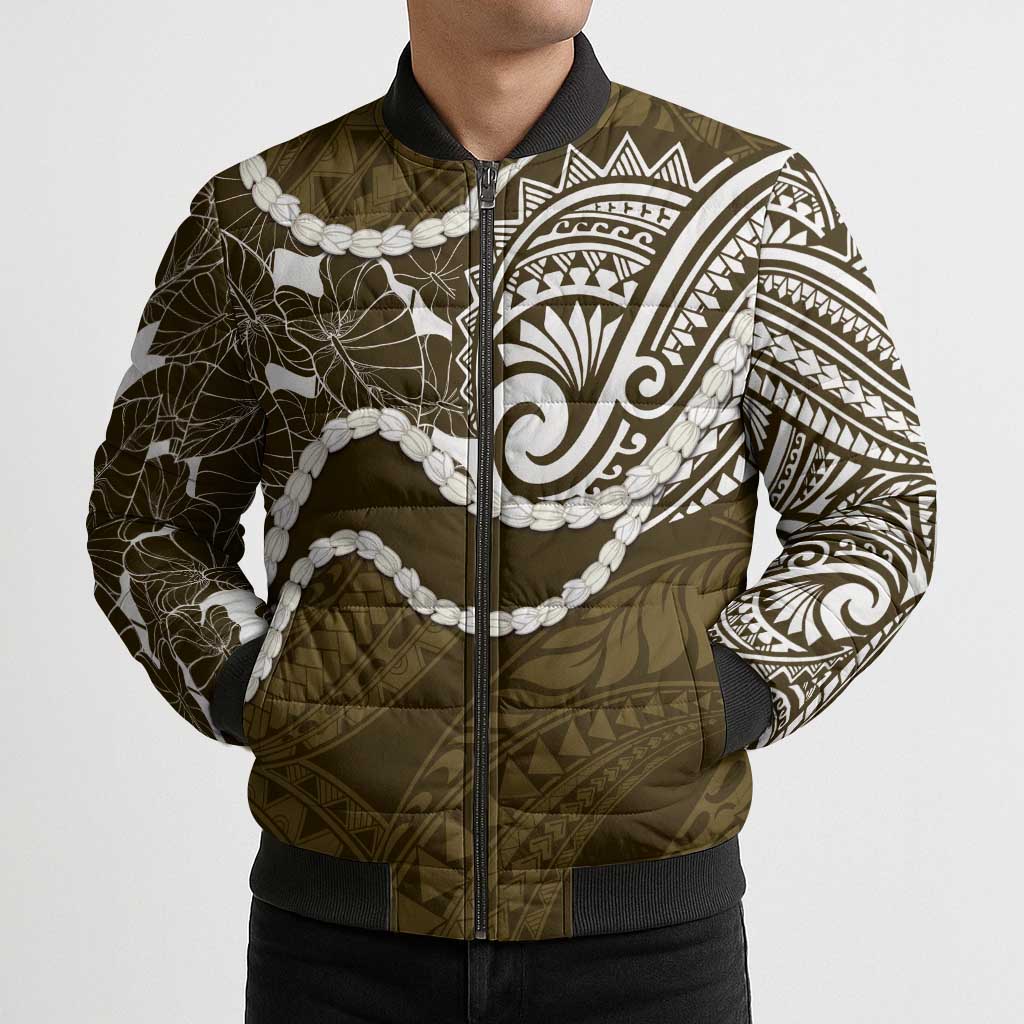 Aloha Hawaii Kalo Pikake Lei Bomber Puffer Jacket Chest Tattoo Gold Hawaiian Pattern LT14 - Polynesian Pride