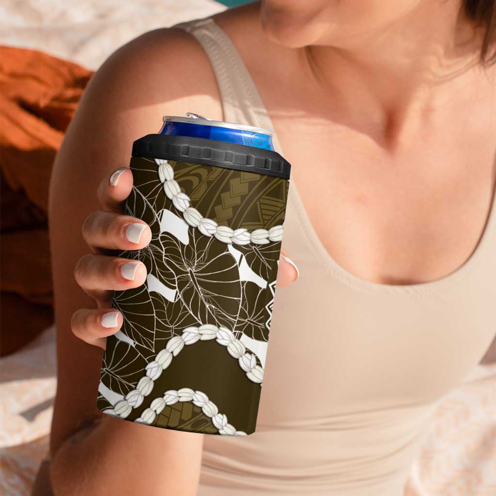 Aloha Hawaii Kalo Pikake Lei 4 in 1 Can Cooler Tumbler Chest Tattoo Gold Hawaiian Pattern
