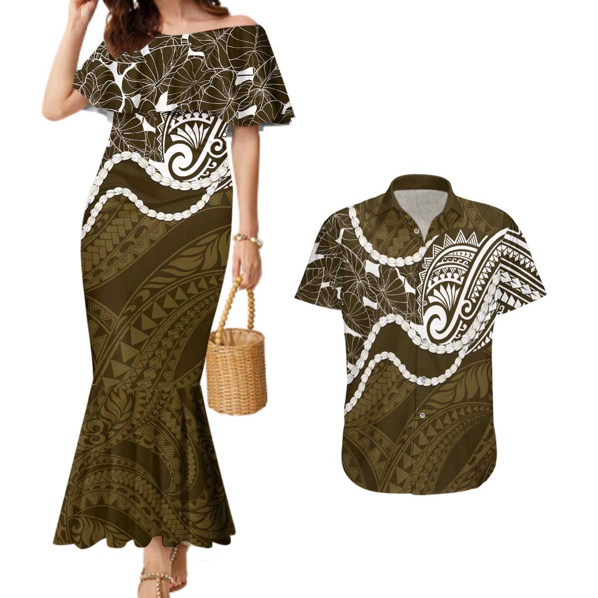 Aloha Hawaii Kalo Pikake Lei Couples Matching Mermaid Dress and Hawaiian Shirt Chest Tattoo Gold Hawaiian Pattern
