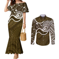 Aloha Hawaii Kalo Pikake Lei Couples Matching Mermaid Dress and Long Sleeve Button Shirt Chest Tattoo Gold Hawaiian Pattern