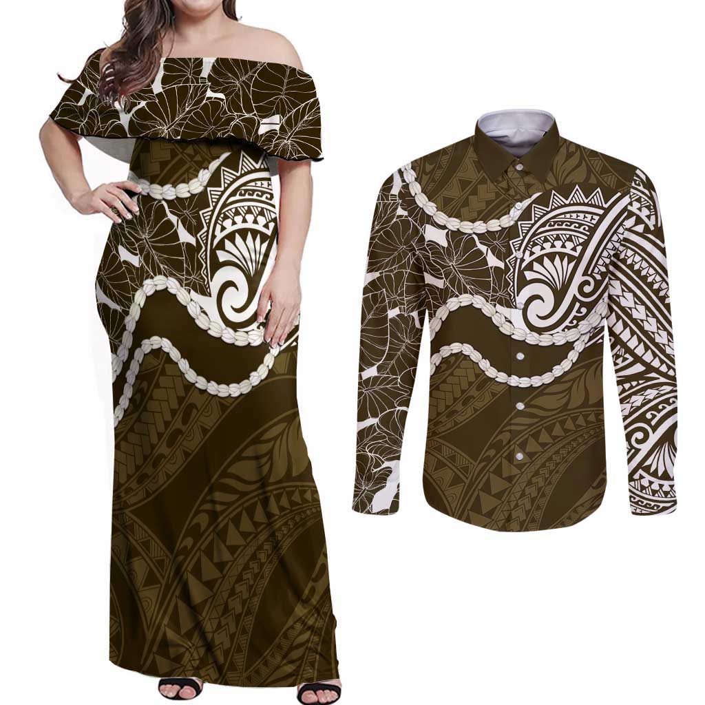 Aloha Hawaii Kalo Pikake Lei Couples Matching Off Shoulder Maxi Dress and Long Sleeve Button Shirt Chest Tattoo Gold Hawaiian Pattern