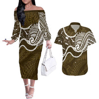 Aloha Hawaii Kalo Pikake Lei Couples Matching Off The Shoulder Long Sleeve Dress and Hawaiian Shirt Chest Tattoo Gold Hawaiian Pattern