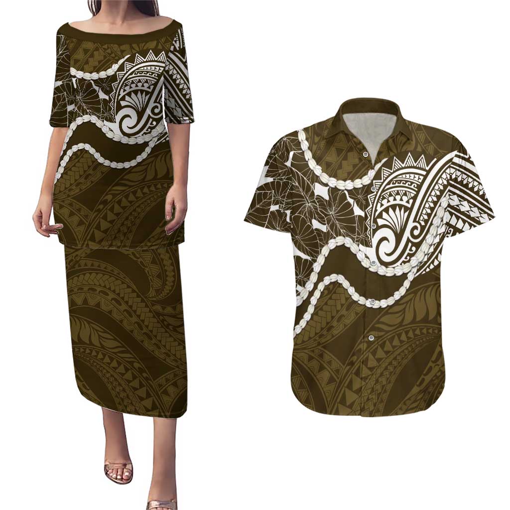 Aloha Hawaii Kalo Pikake Lei Couples Matching Puletasi and Hawaiian Shirt Chest Tattoo Gold Hawaiian Pattern