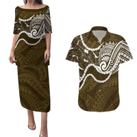Aloha Hawaii Kalo Pikake Lei Couples Matching Puletasi and Hawaiian Shirt Chest Tattoo Gold Hawaiian Pattern