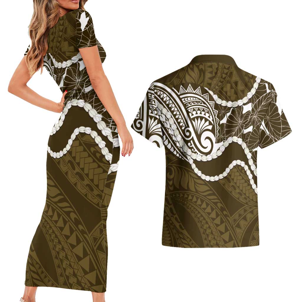 Aloha Hawaii Kalo Pikake Lei Couples Matching Short Sleeve Bodycon Dress and Hawaiian Shirt Chest Tattoo Gold Hawaiian Pattern
