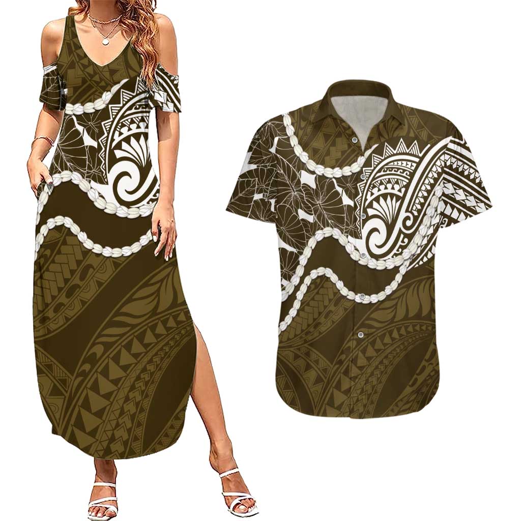 Aloha Hawaii Kalo Pikake Lei Couples Matching Summer Maxi Dress and Hawaiian Shirt Chest Tattoo Gold Hawaiian Pattern