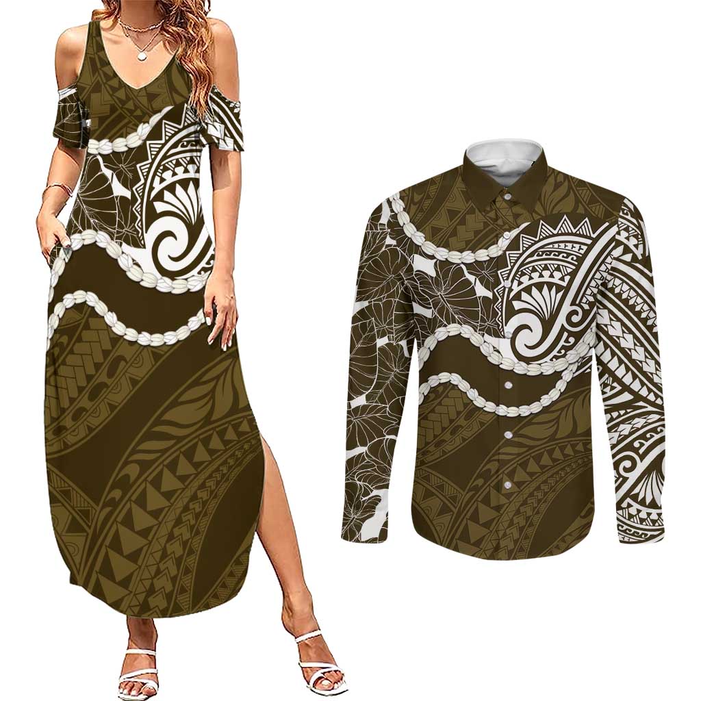 Aloha Hawaii Kalo Pikake Lei Couples Matching Summer Maxi Dress and Long Sleeve Button Shirt Chest Tattoo Gold Hawaiian Pattern