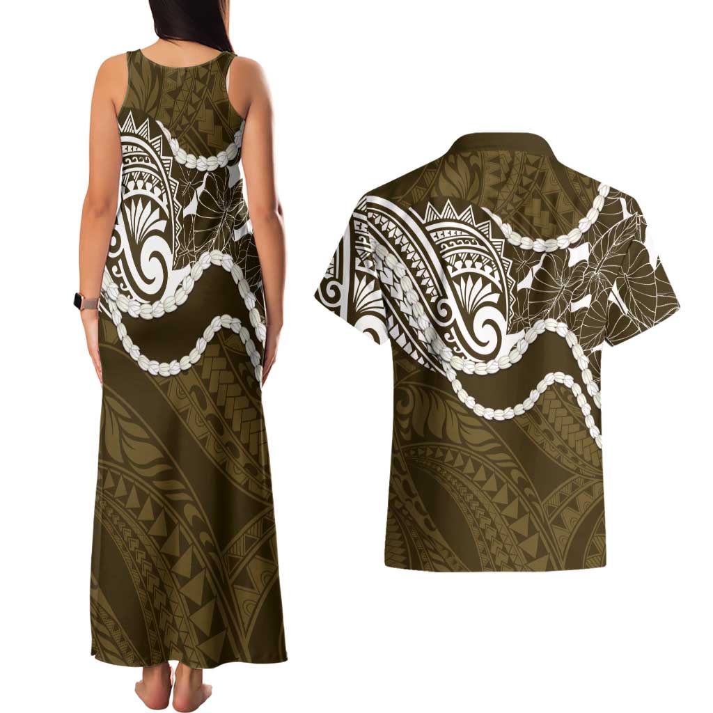 Aloha Hawaii Kalo Pikake Lei Couples Matching Tank Maxi Dress and Hawaiian Shirt Chest Tattoo Gold Hawaiian Pattern