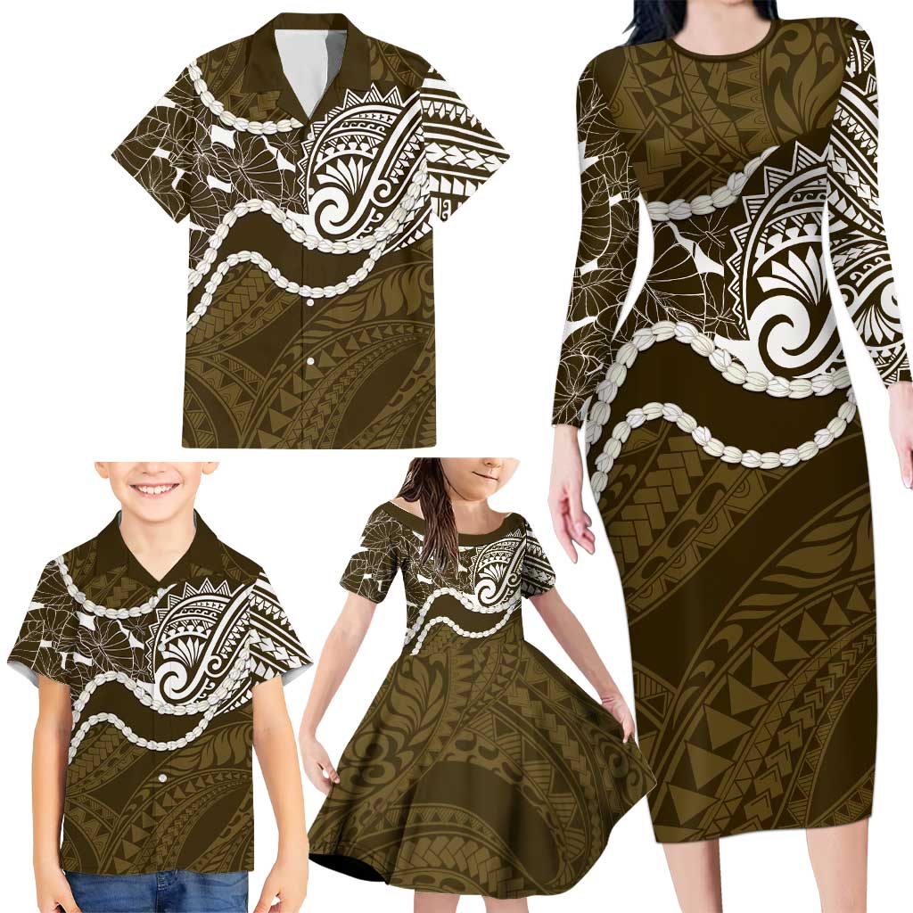 Aloha Hawaii Kalo Pikake Lei Family Matching Long Sleeve Bodycon Dress and Hawaiian Shirt Chest Tattoo Gold Hawaiian Pattern