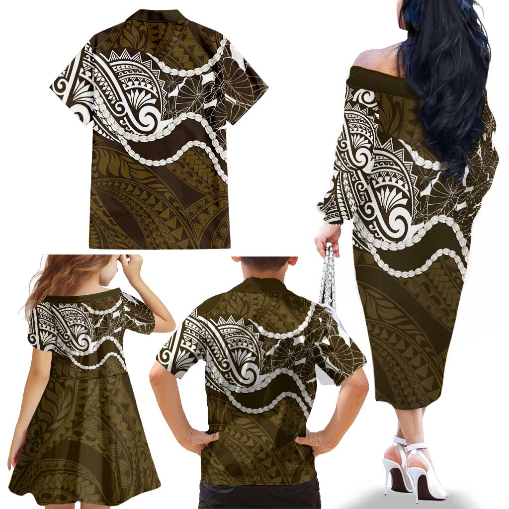 Aloha Hawaii Kalo Pikake Lei Family Matching Off The Shoulder Long Sleeve Dress and Hawaiian Shirt Chest Tattoo Gold Hawaiian Pattern