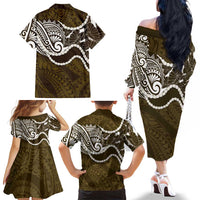 Aloha Hawaii Kalo Pikake Lei Family Matching Off The Shoulder Long Sleeve Dress and Hawaiian Shirt Chest Tattoo Gold Hawaiian Pattern