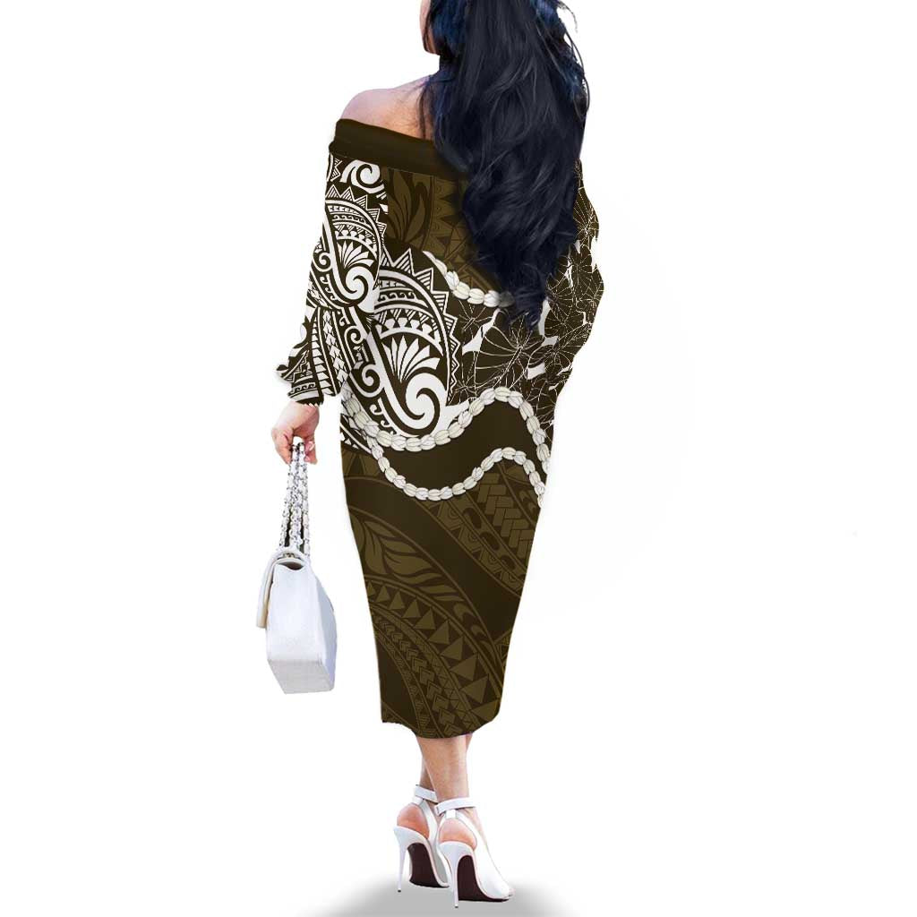 Aloha Hawaii Kalo Pikake Lei Family Matching Off The Shoulder Long Sleeve Dress and Hawaiian Shirt Chest Tattoo Gold Hawaiian Pattern