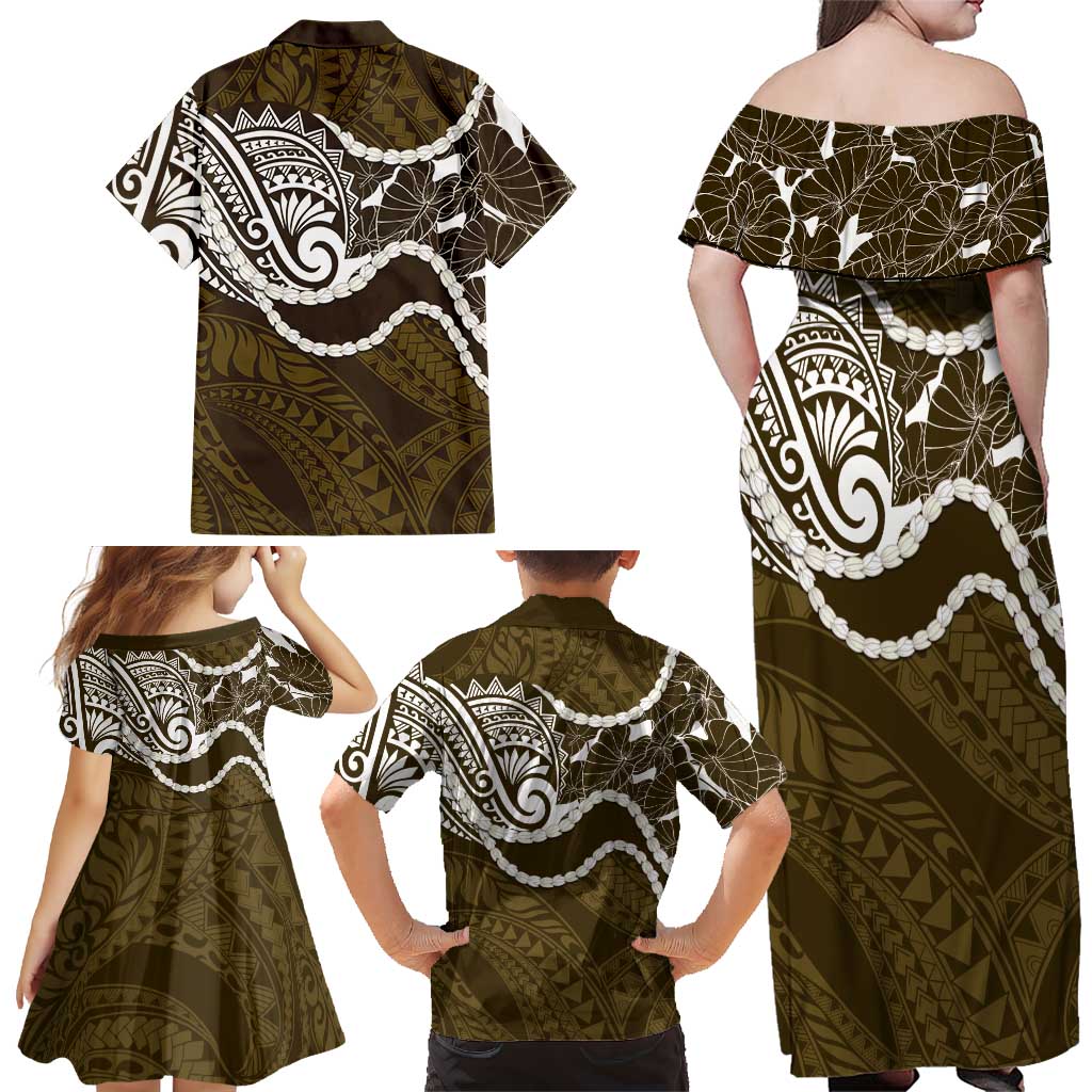 Aloha Hawaii Kalo Pikake Lei Family Matching Off Shoulder Maxi Dress and Hawaiian Shirt Chest Tattoo Gold Hawaiian Pattern