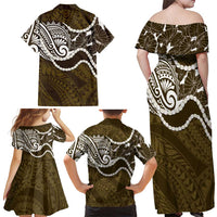 Aloha Hawaii Kalo Pikake Lei Family Matching Off Shoulder Maxi Dress and Hawaiian Shirt Chest Tattoo Gold Hawaiian Pattern