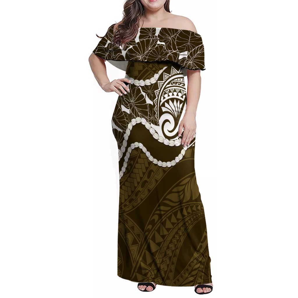Aloha Hawaii Kalo Pikake Lei Family Matching Off Shoulder Maxi Dress and Hawaiian Shirt Chest Tattoo Gold Hawaiian Pattern