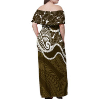 Aloha Hawaii Kalo Pikake Lei Family Matching Off Shoulder Maxi Dress and Hawaiian Shirt Chest Tattoo Gold Hawaiian Pattern