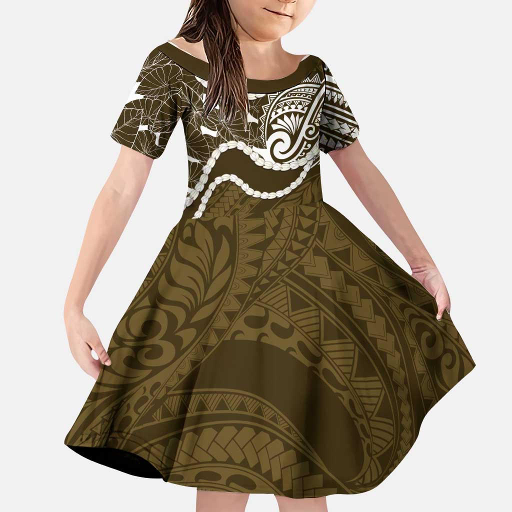 Aloha Hawaii Kalo Pikake Lei Family Matching Off Shoulder Short Dress and Hawaiian Shirt Chest Tattoo Gold Hawaiian Pattern