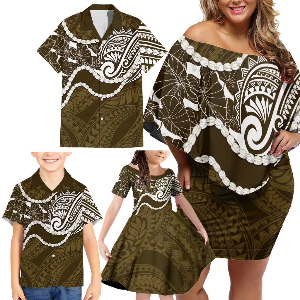 Aloha Hawaii Kalo Pikake Lei Family Matching Off Shoulder Short Dress and Hawaiian Shirt Chest Tattoo Gold Hawaiian Pattern