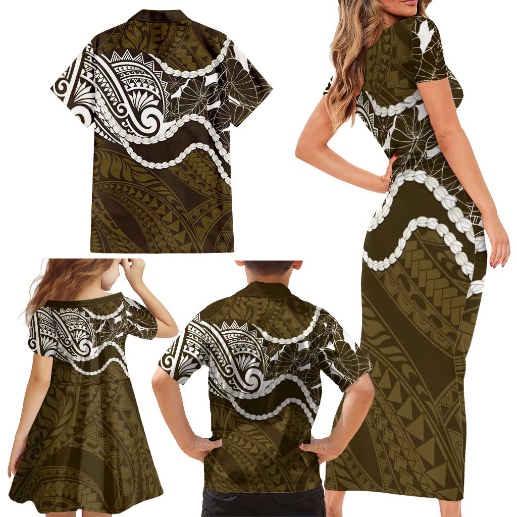 Aloha Hawaii Kalo Pikake Lei Family Matching Short Sleeve Bodycon Dress and Hawaiian Shirt Chest Tattoo Gold Hawaiian Pattern