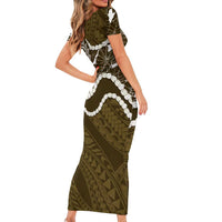 Aloha Hawaii Kalo Pikake Lei Family Matching Short Sleeve Bodycon Dress and Hawaiian Shirt Chest Tattoo Gold Hawaiian Pattern
