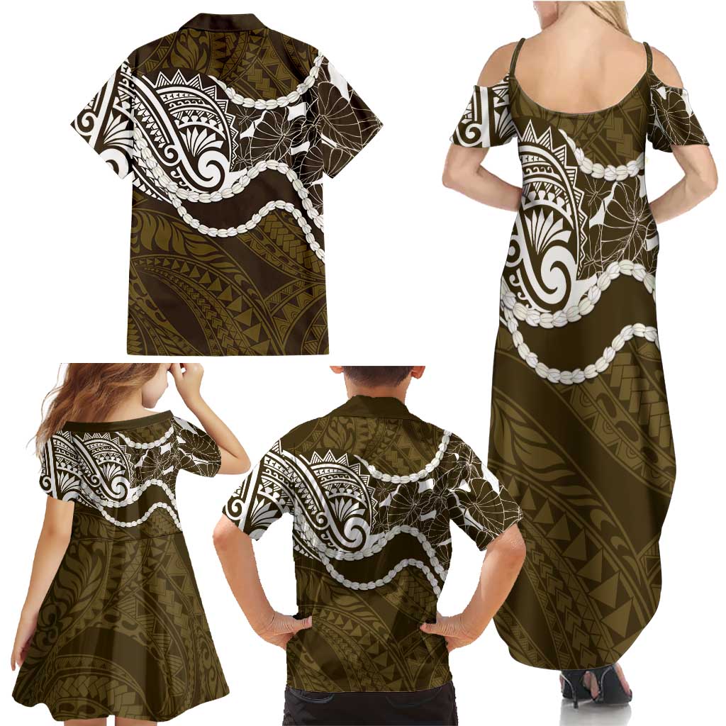 Aloha Hawaii Kalo Pikake Lei Family Matching Summer Maxi Dress and Hawaiian Shirt Chest Tattoo Gold Hawaiian Pattern
